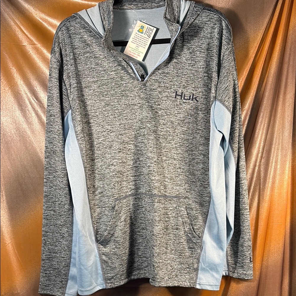 Huk Heather‎ Gray and Sky Blue Pullover stretchy size L A1